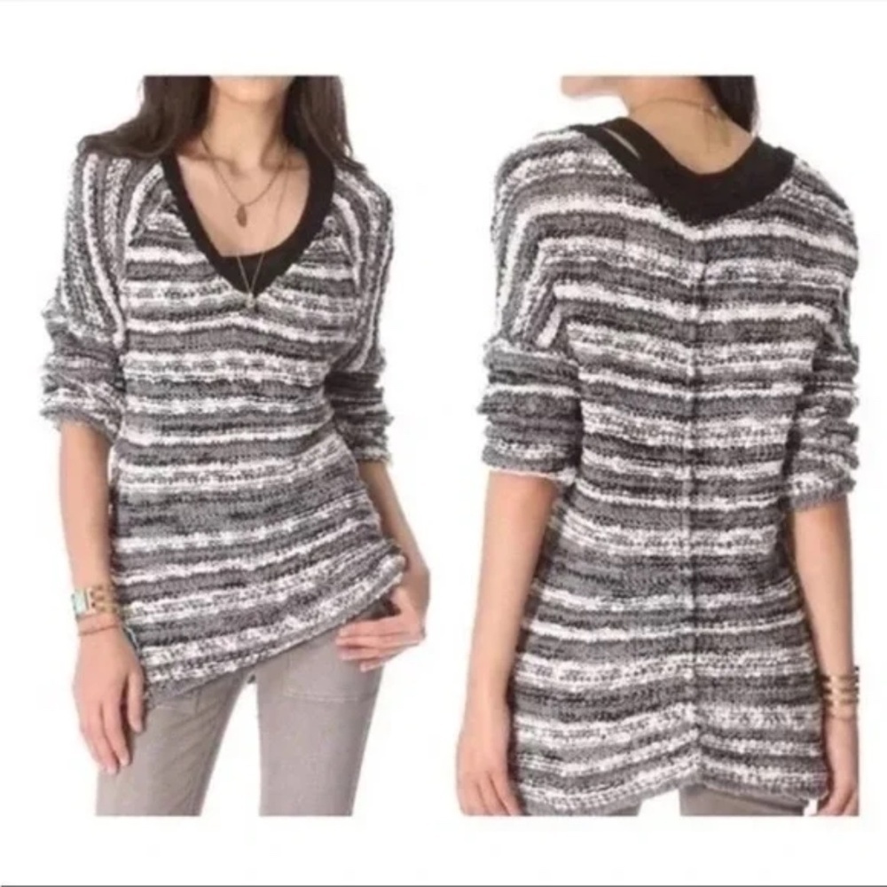 Free People Striped Songbird Sweater Boucle Knit V-Neck White Gray Size Small